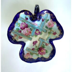 Hand Painted Clover Shape Floral Tray Dish Blue and Gold